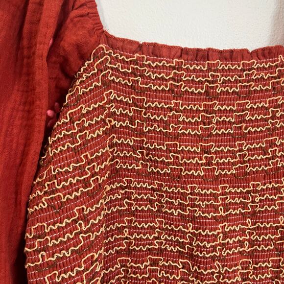 Boutique Boho Smocked Bodice Long Sleeve Maxi Dress in Rust Size Medium - Picture 5 of 9